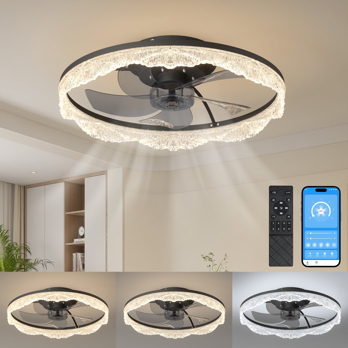 Modern LED Ceiling Fan Light with Remote Control & Dimmable Light