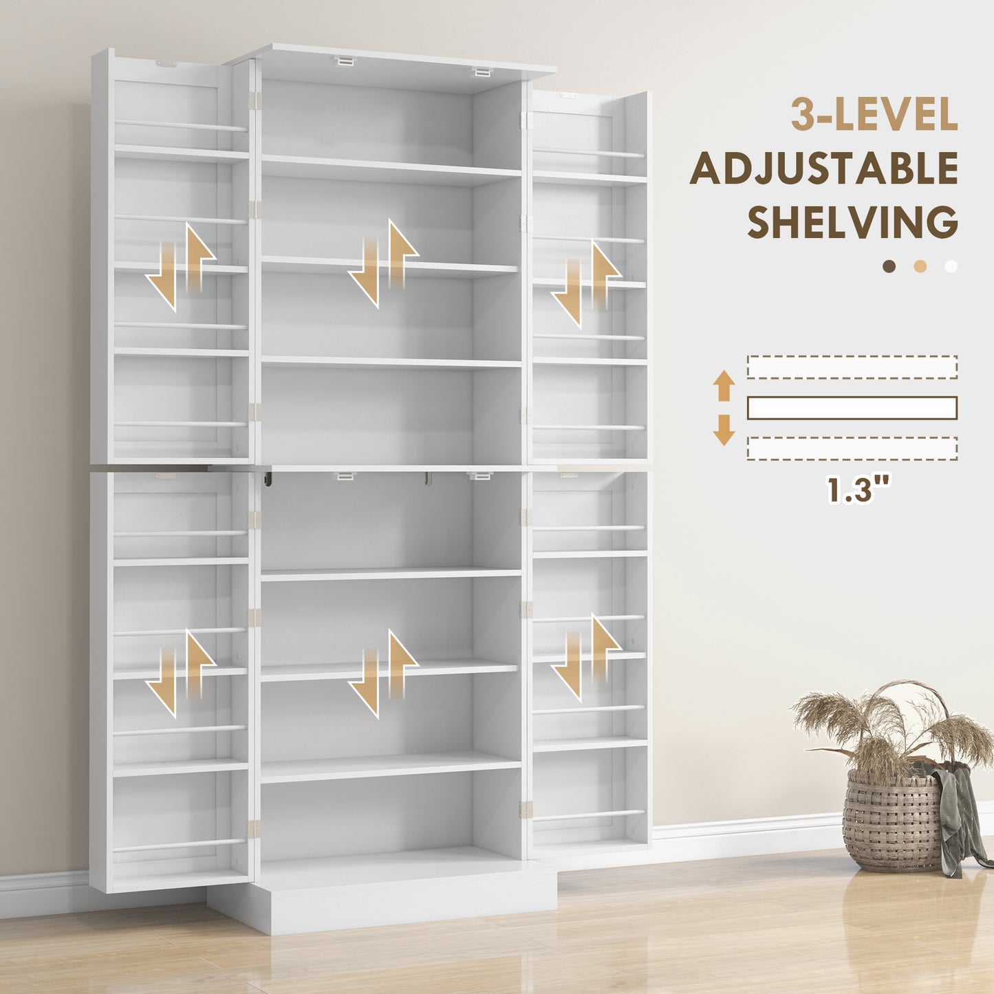 65" Kitchen Pantry Cabinet with 4 Doors and 16 Shelves - White