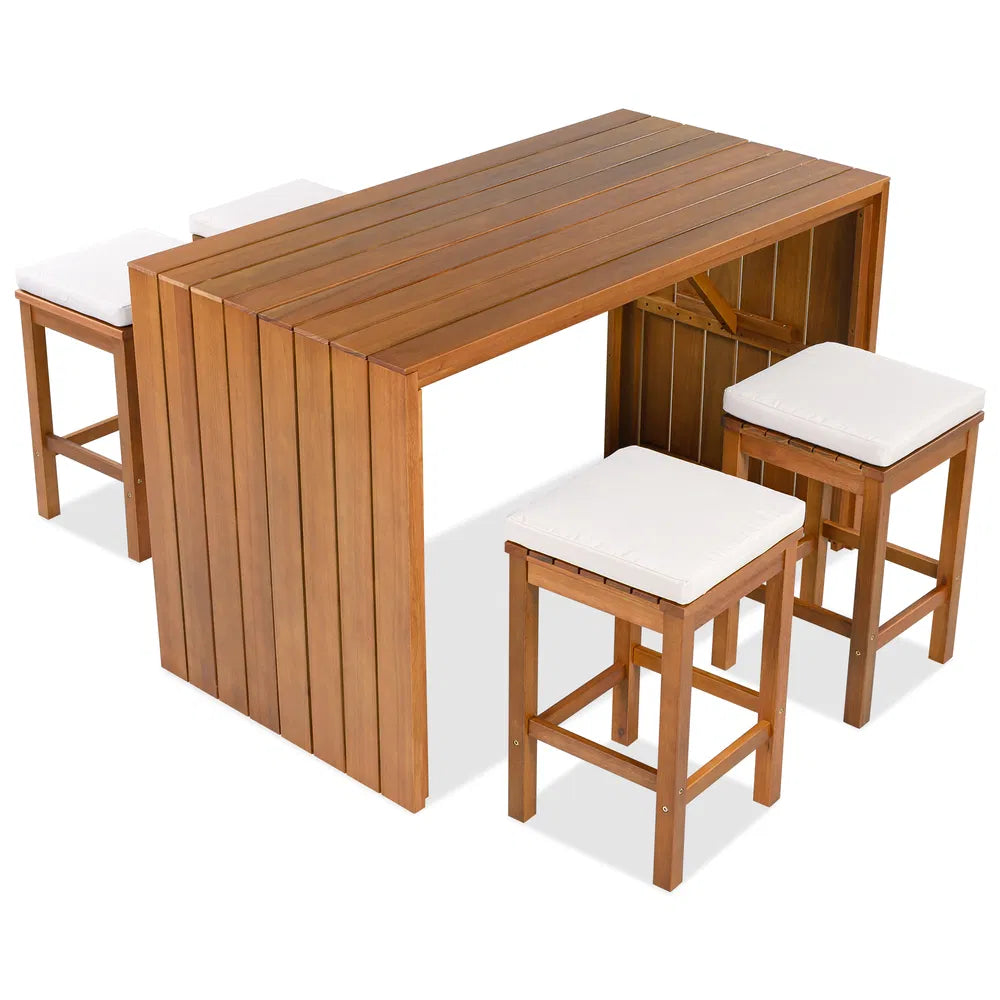 5-Piece Outdoor Bar Set with Cushions - Acacia Wood Table & Stools