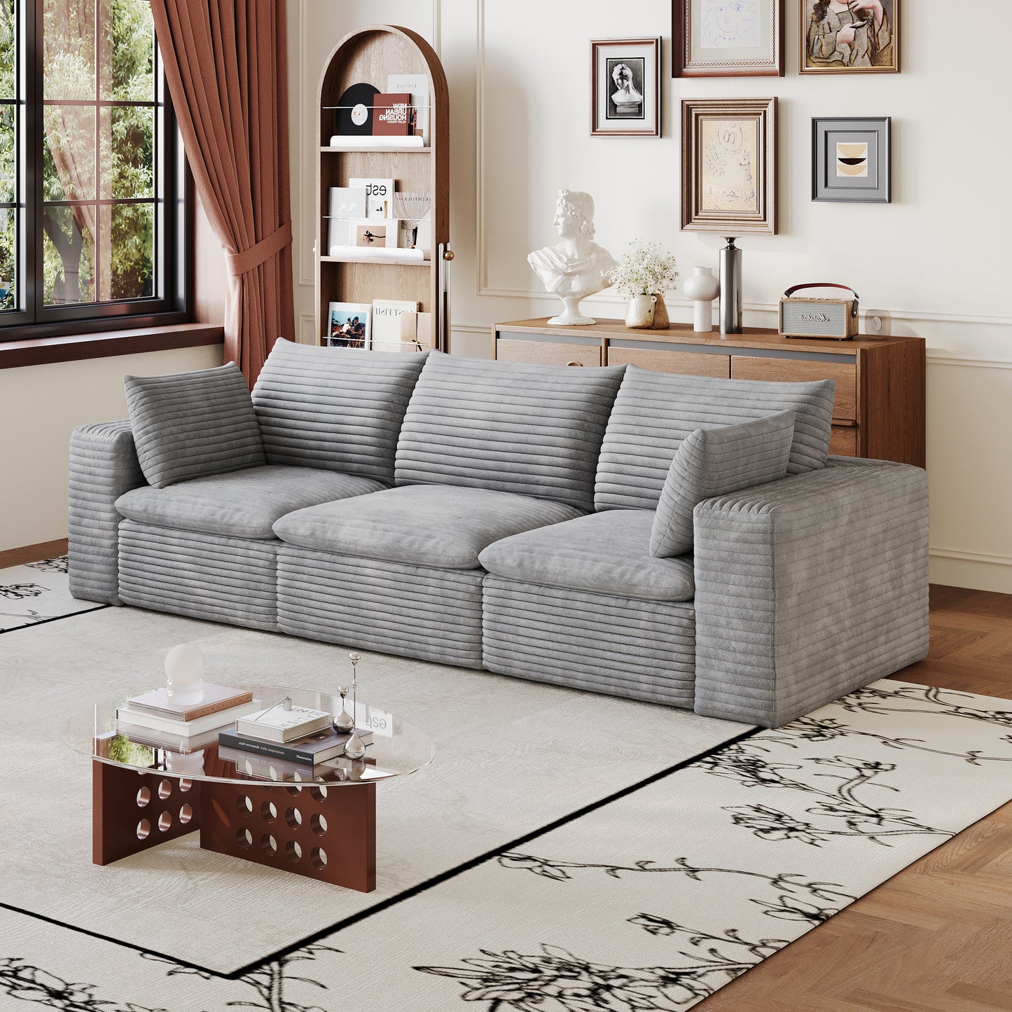 102" Cloud Sofa - Grey Corduroy Fabric, Deep Seat, Removable Cushions
