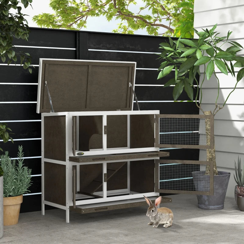 Wooden Bunny Hutch with Ramp - Indoor Outdoor Pet House for Small Rabbits