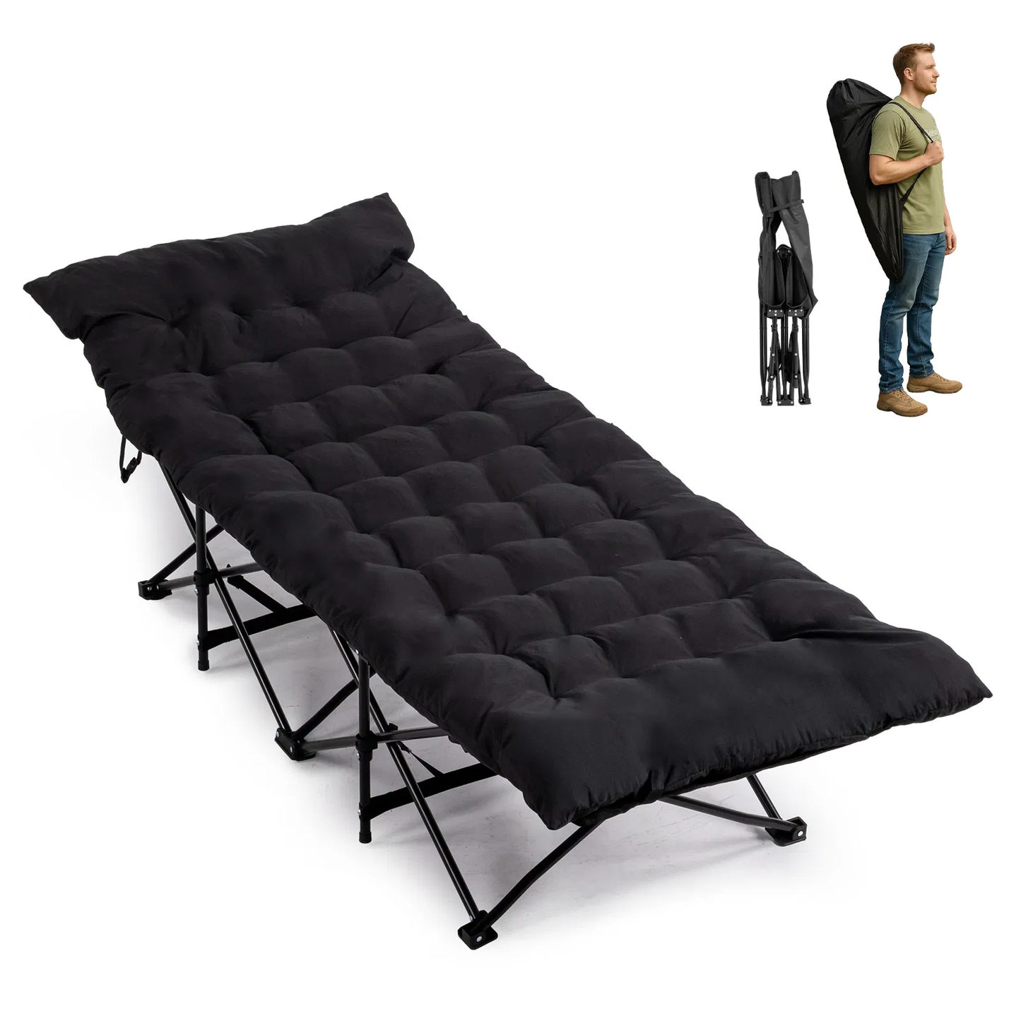 Folding Camping Cot Bed with Soft Pad - Portable Black Cot
