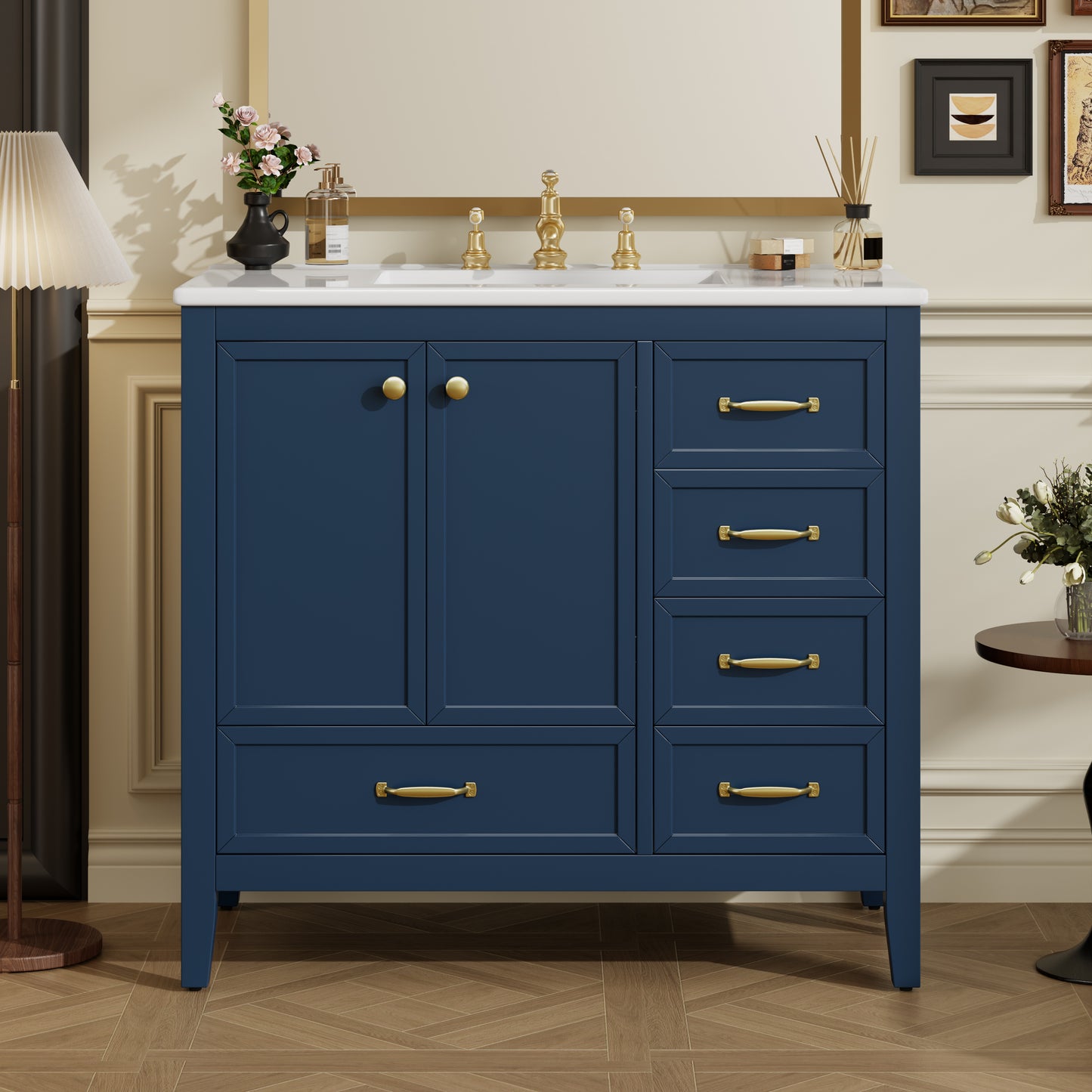 36" Bathroom Vanity with Sink - Elegant Blue Design, 4 Drawers