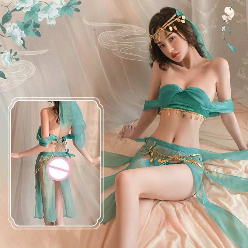 Sexy Dancing Girl Lingerie Suit with Veil and Tied Skirt - Adult Costume