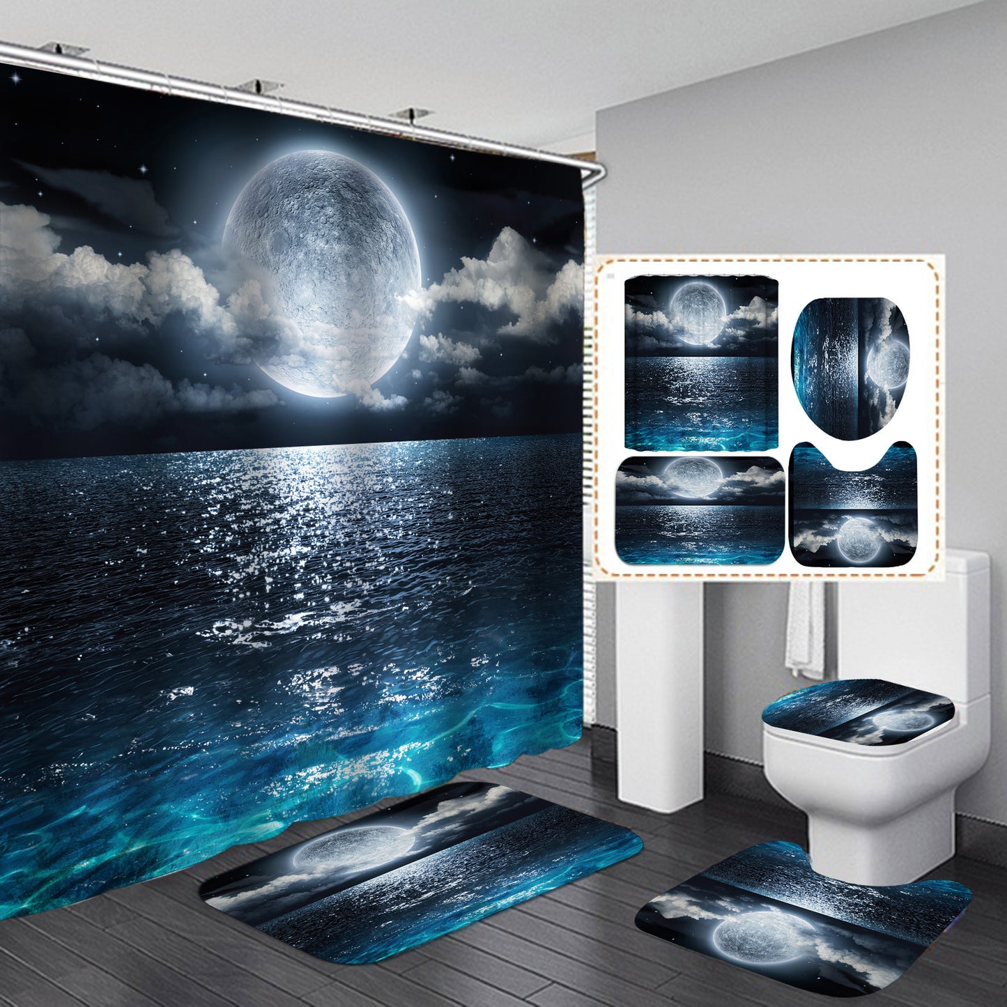 Waterproof Mildew-Proof Shower Curtain with Pattern Design - 4-Piece Set