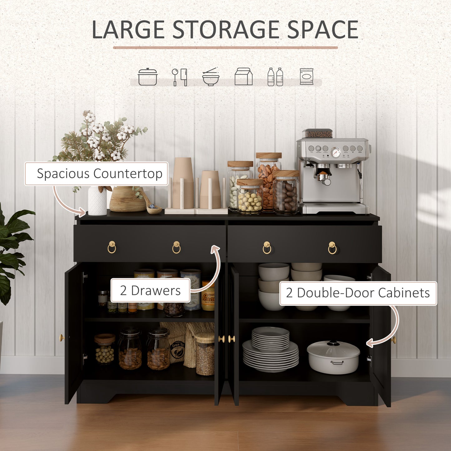 Farmhouse Kitchen Storage Sideboard with Barn Doors - Black