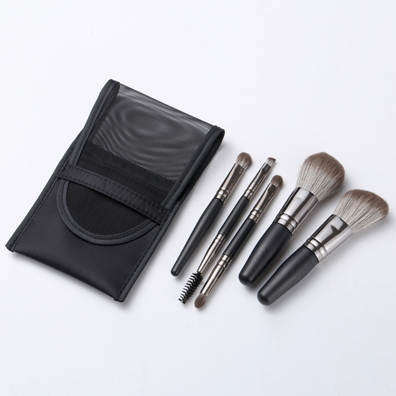 Mini Portable Makeup Brush Set - 5-Piece Face Eye Brush Kit with Mesh Bag