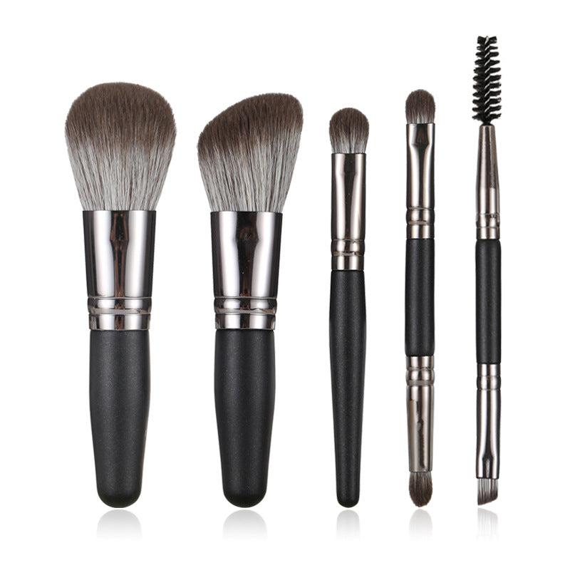 Mini Portable Makeup Brush Set - 5-Piece Face Eye Brush Kit with Mesh Bag