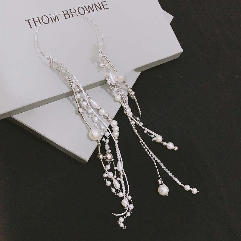 Pearl Crystal Bead Tassel Headband - Silver