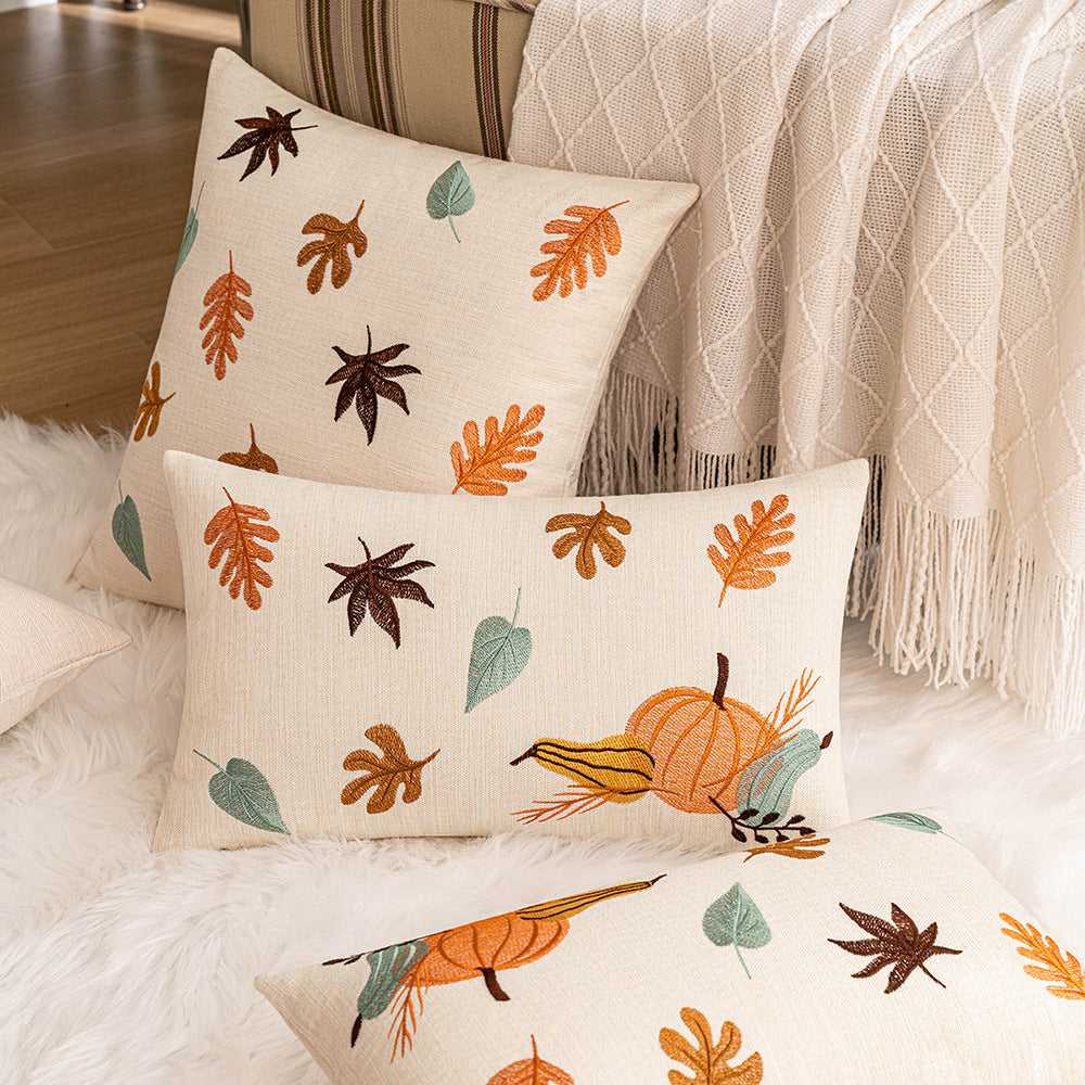 Embroidered Fall Leaf Pumpkin Cushion Cover for Sofa & Living Room