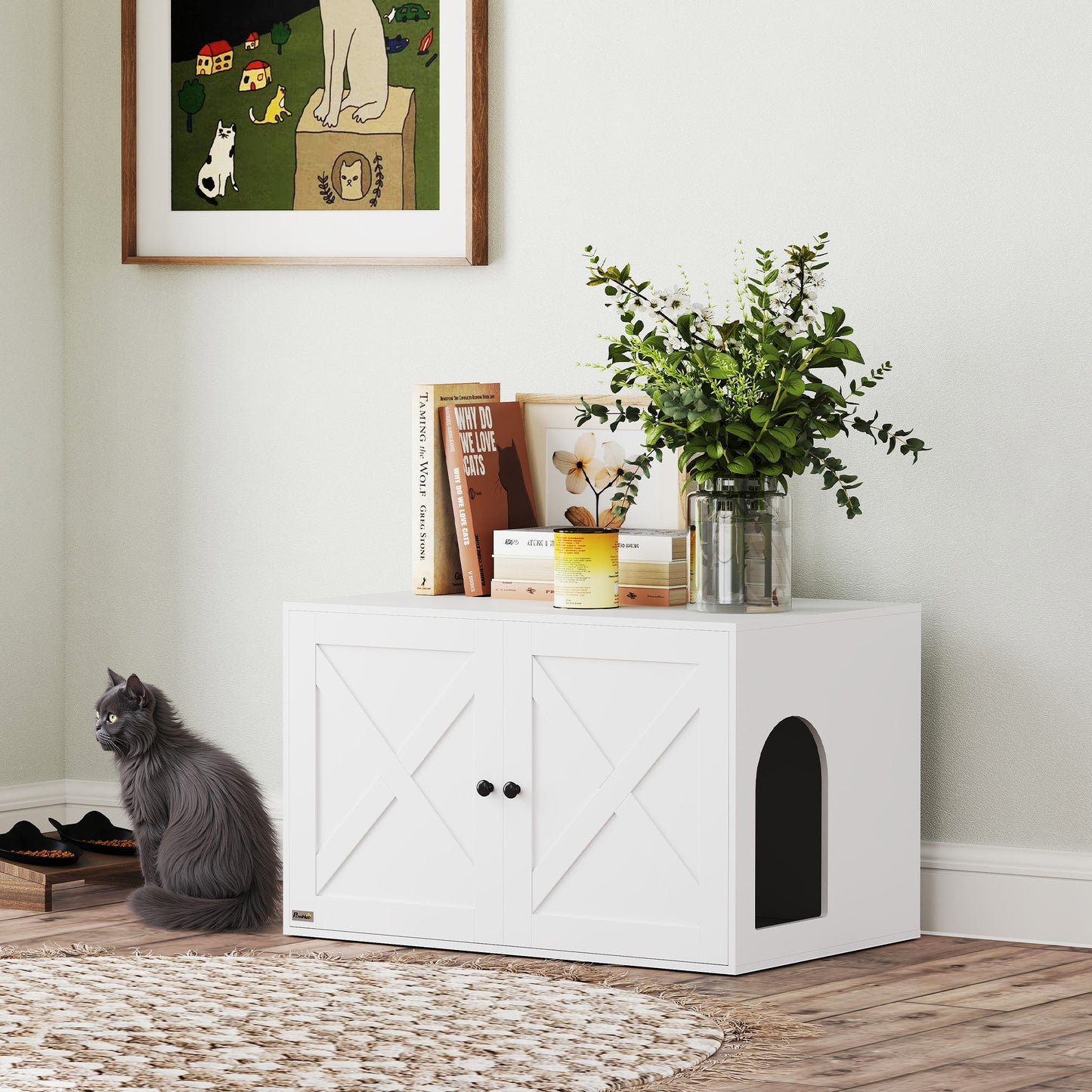 Cat Litter Box Enclosure with Barn Door and Cat Hole - White, 31.5 x 20 x 20 inches