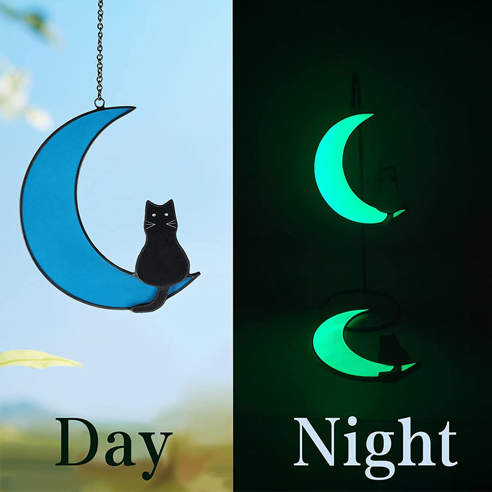 Black and White Cat Stained Glass Window Pendant - Moonlight Black Cat