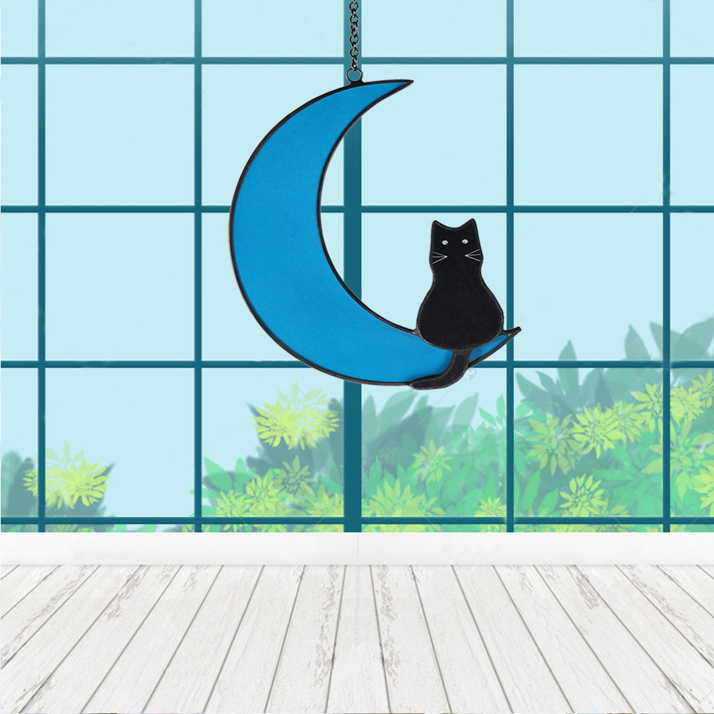 Black and White Cat Stained Glass Window Pendant - Moonlight Black Cat