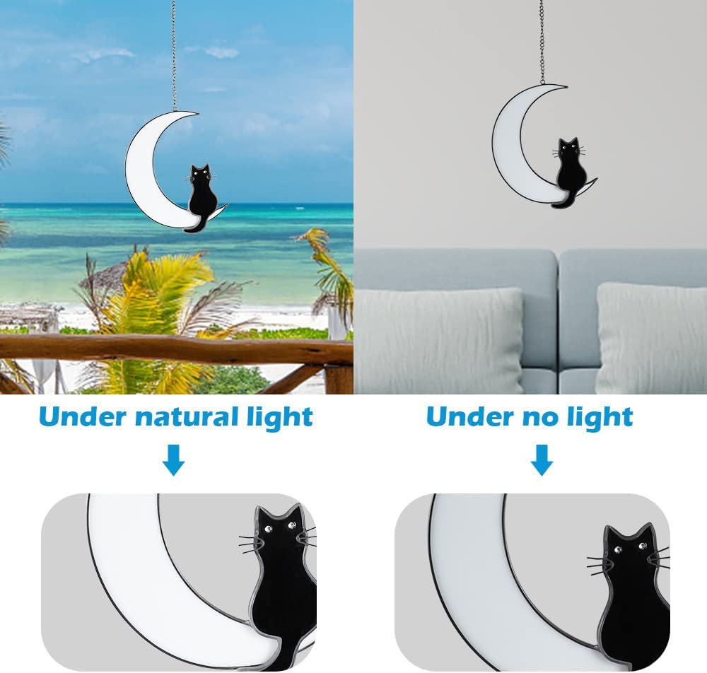 Black and White Cat Stained Glass Window Pendant - Moonlight Black Cat