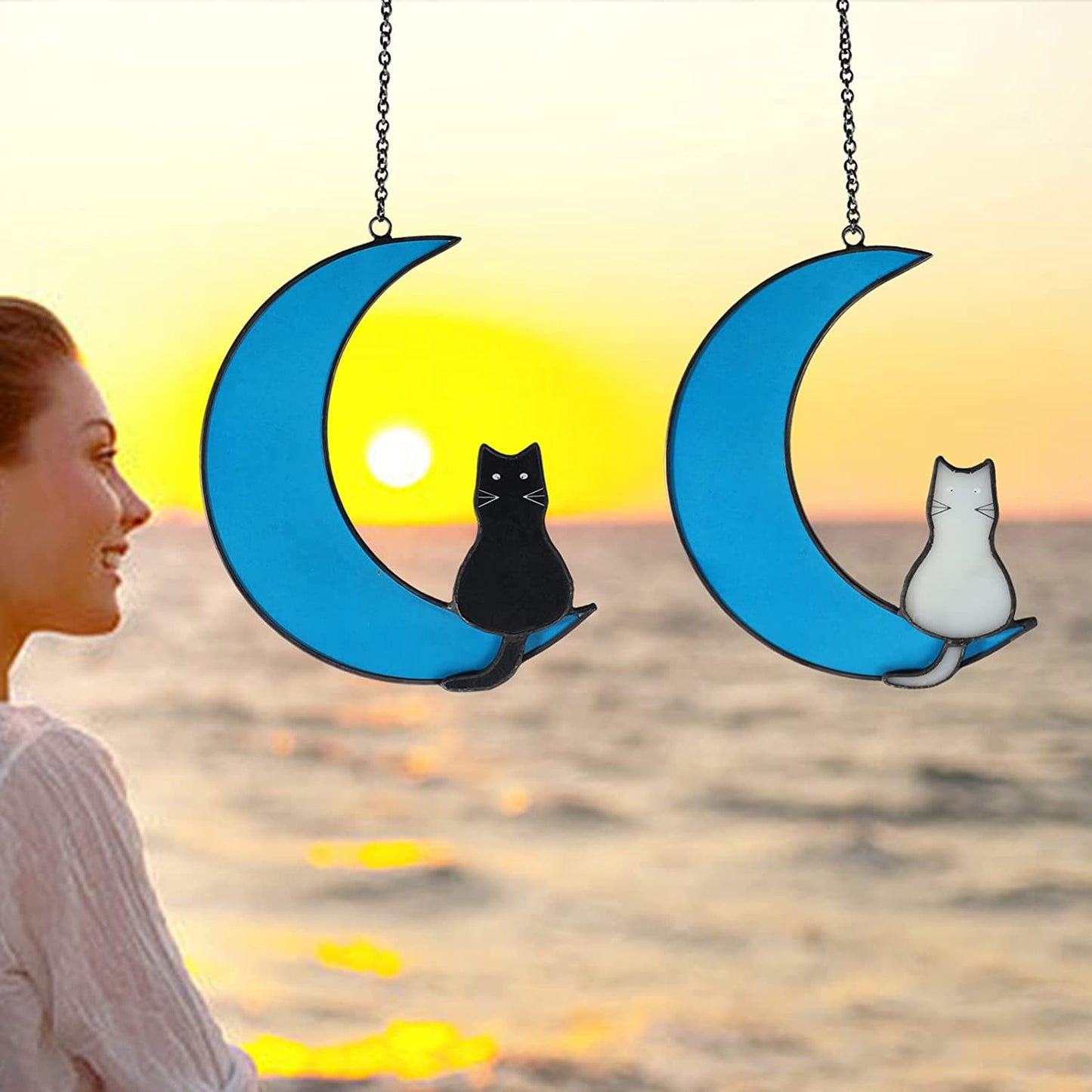 Black and White Cat Stained Glass Window Pendant - Moonlight Black Cat