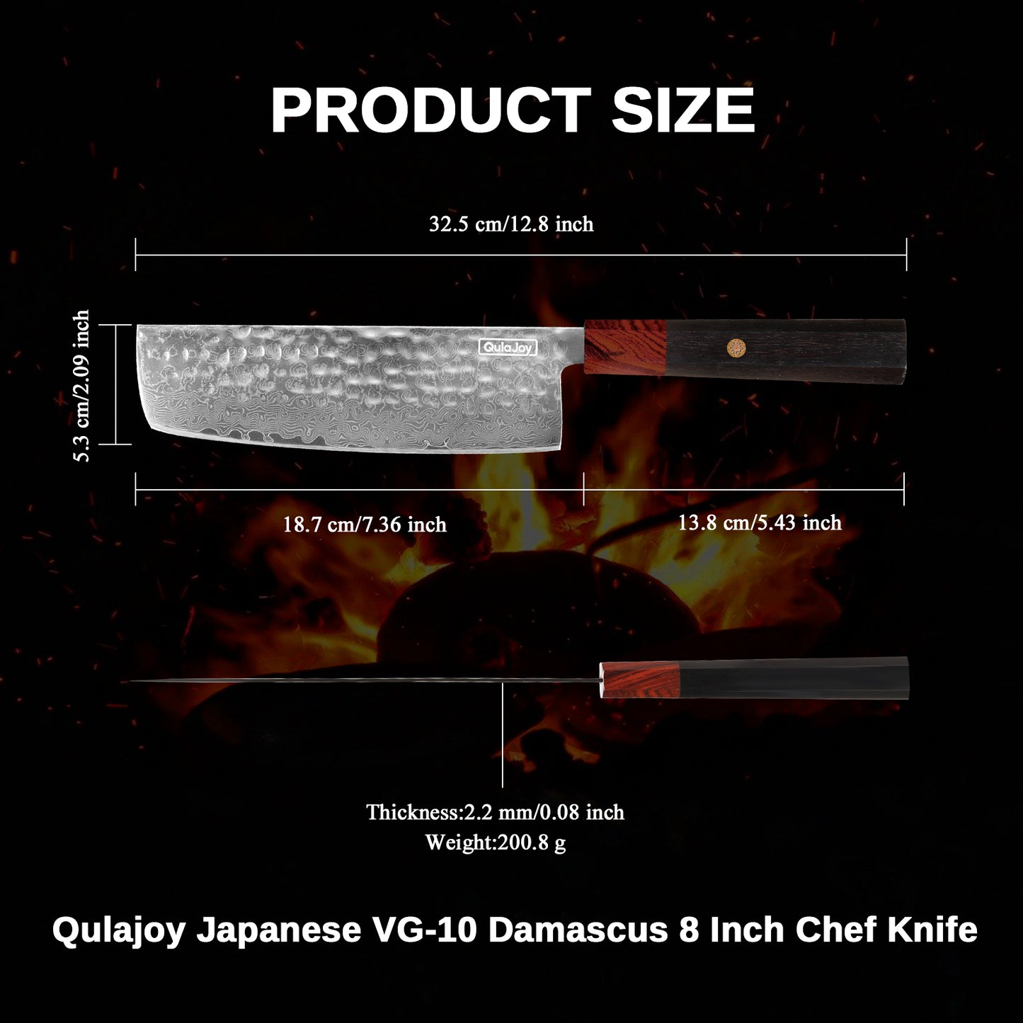 8 Inch Chef Knife - Japanese Damascus VG-10 Steel, Hammered Blade