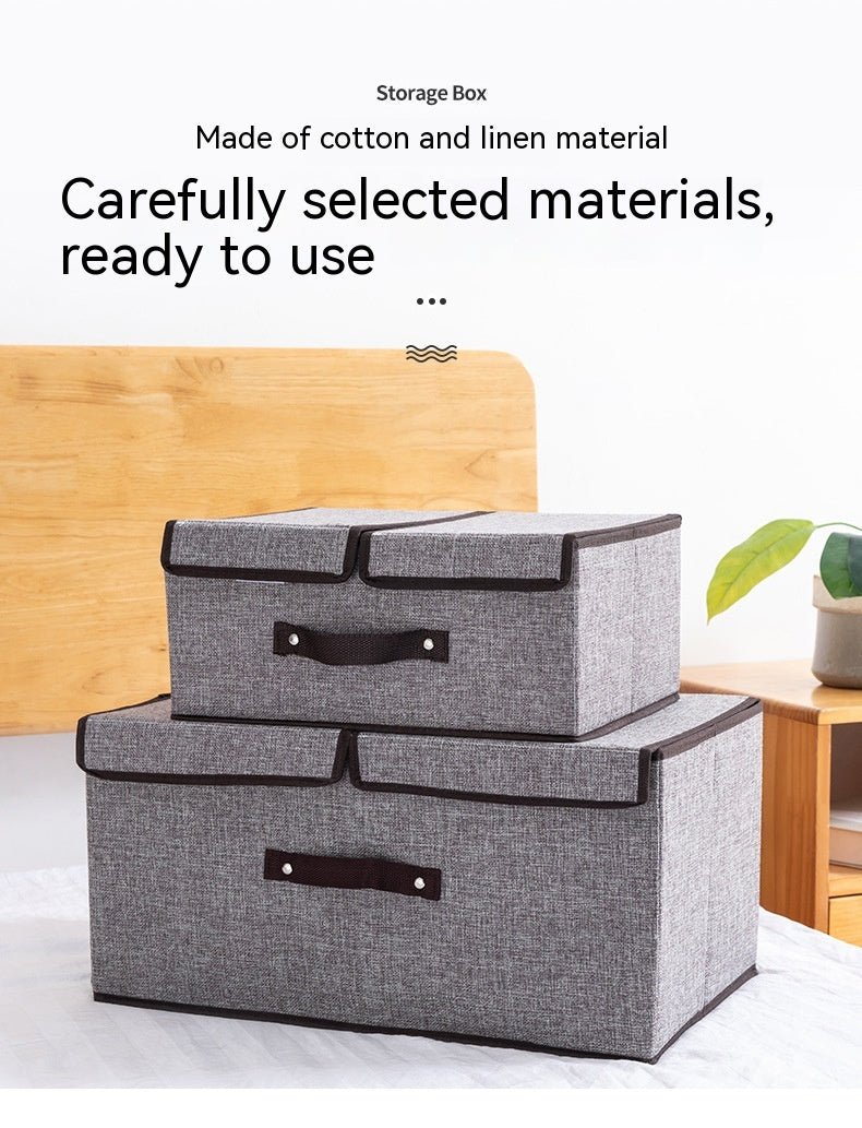 Foldable Cotton Linen Storage Box with Double Lid - Multi-Purpose Home Organizer