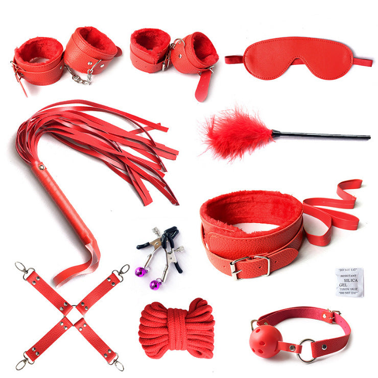 Adult Wellness Toy Set with Leather Whip & Plush Restraints - Black, Red, Purple, Pink