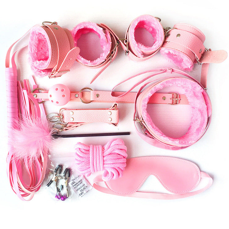 Adult Wellness Toy Set with Leather Whip & Plush Restraints - Black, Red, Purple, Pink