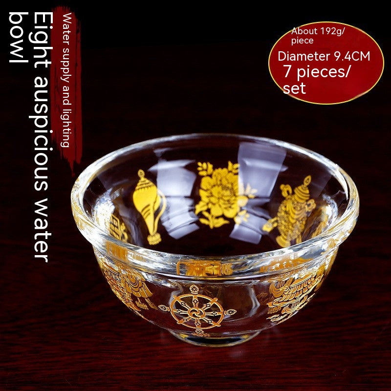 Synthetic Crystal Eight Auspicious Symbols Water Bowl – Religious Offering Cup