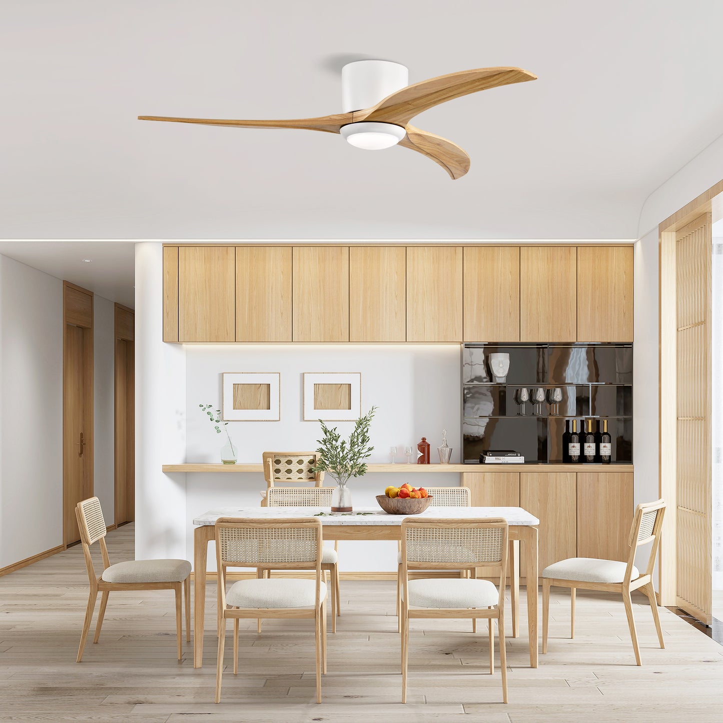52" Solid Wood Ceiling Fan with Light & Remote Control - Matte White Natural