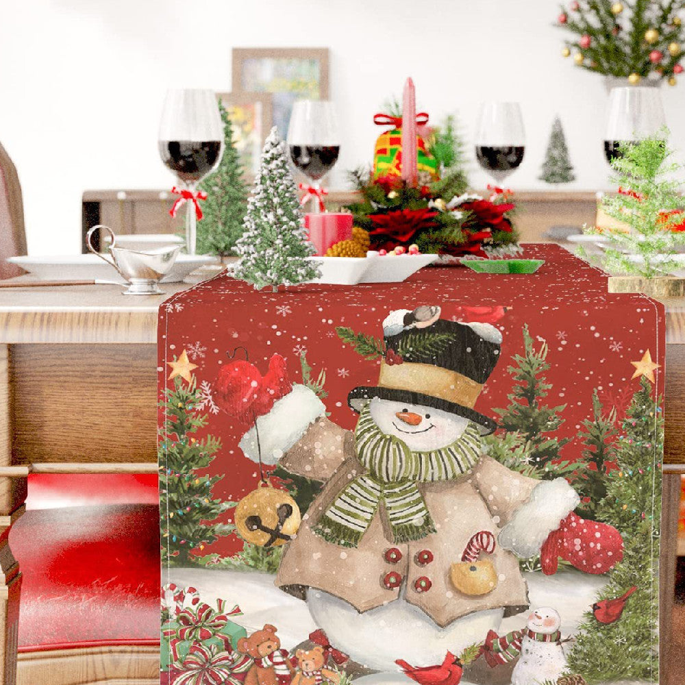 Christmas Snowman Linen Table Runner 30x180cm Festive Holiday Decor