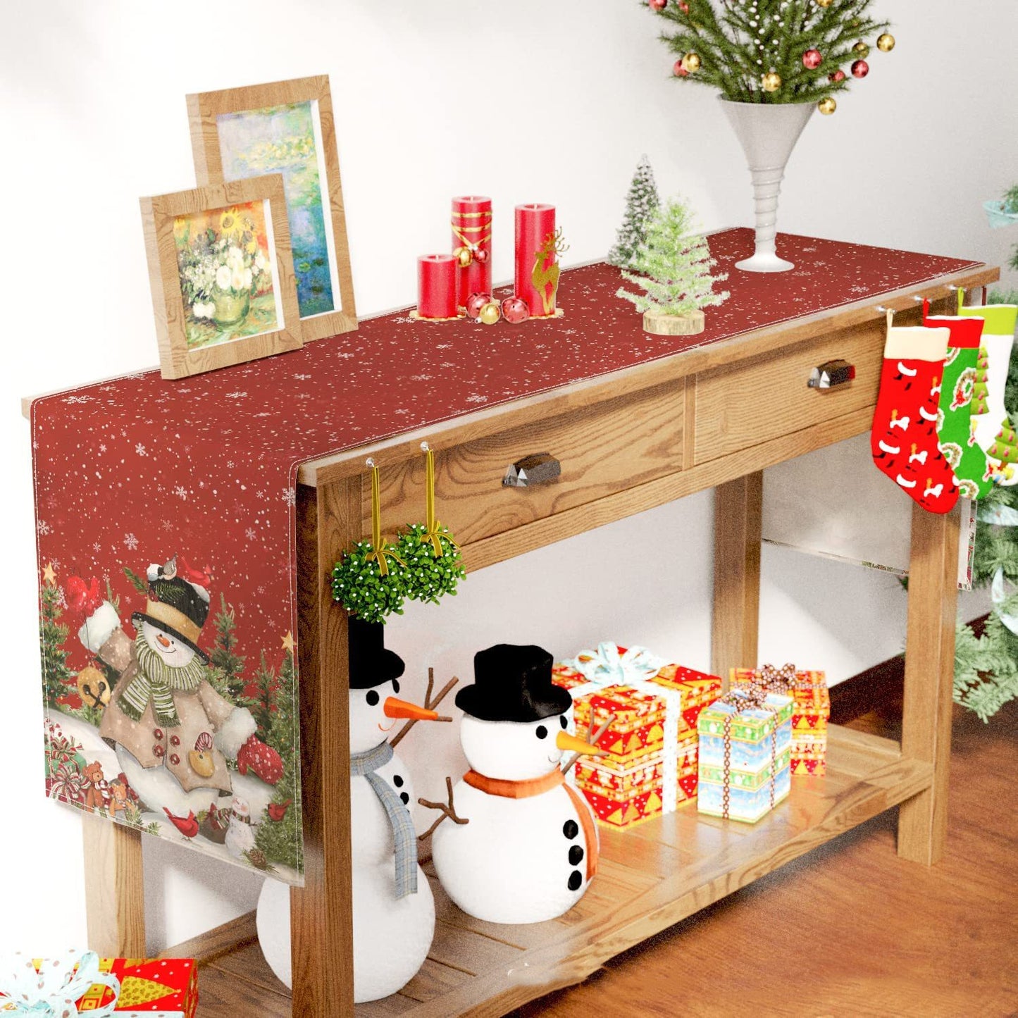 Christmas Snowman Linen Table Runner 30x180cm Festive Holiday Decor