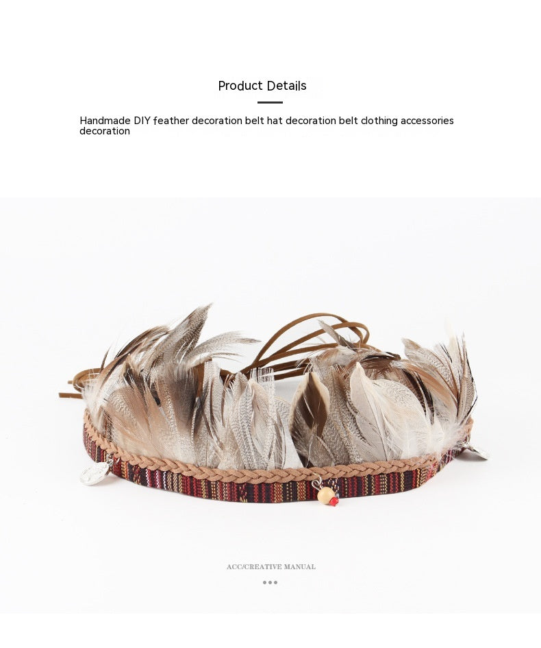 Bohemian Fabric Feather Headband with Ribbon Rope - Handmade Accessories