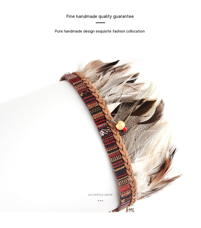 Bohemian Fabric Feather Headband with Ribbon Rope - Handmade Accessories