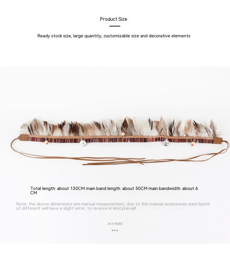 Bohemian Fabric Feather Headband with Ribbon Rope - Handmade Accessories