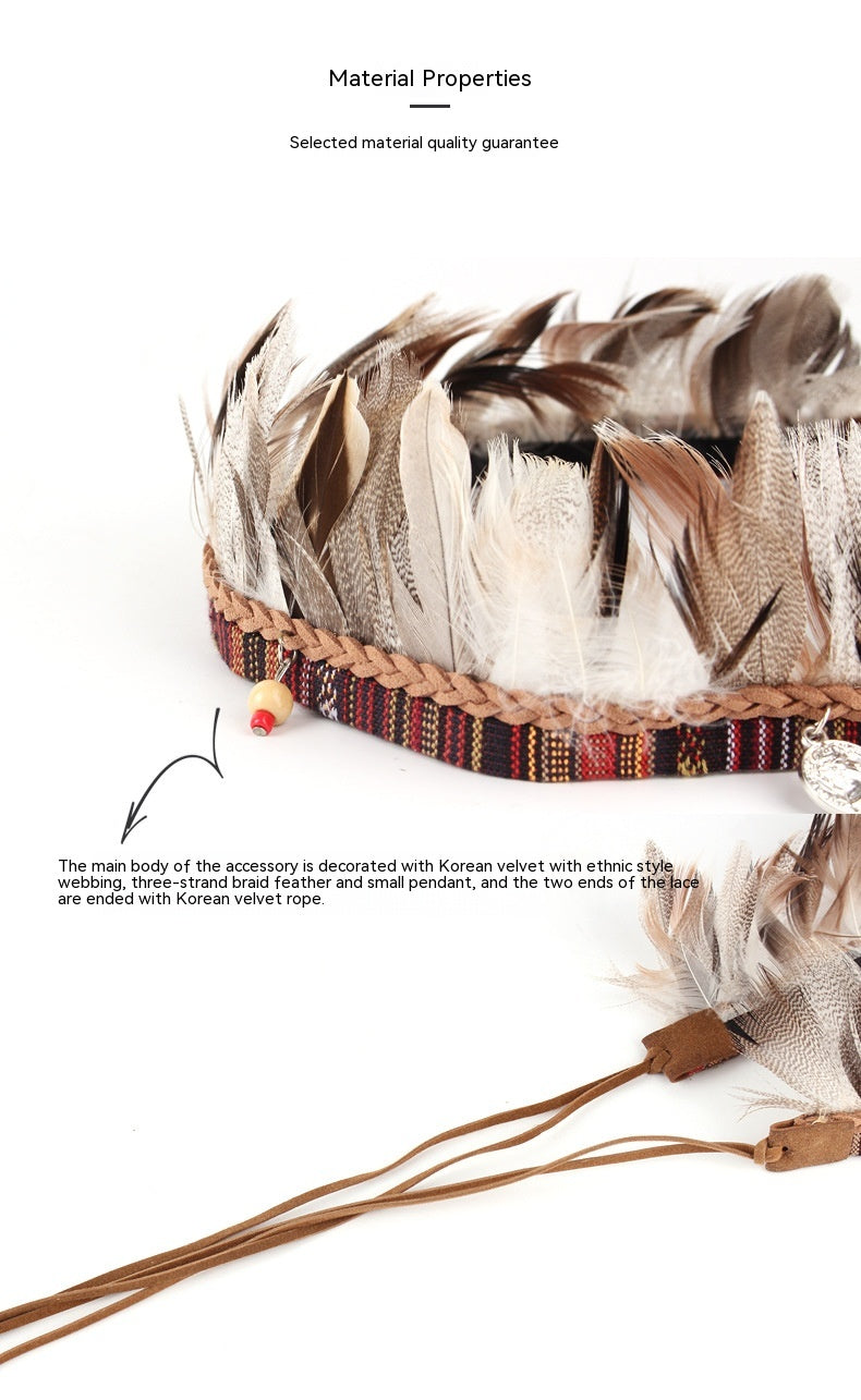 Bohemian Fabric Feather Headband with Ribbon Rope - Handmade Accessories