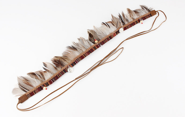 Bohemian Fabric Feather Headband with Ribbon Rope - Handmade Accessories