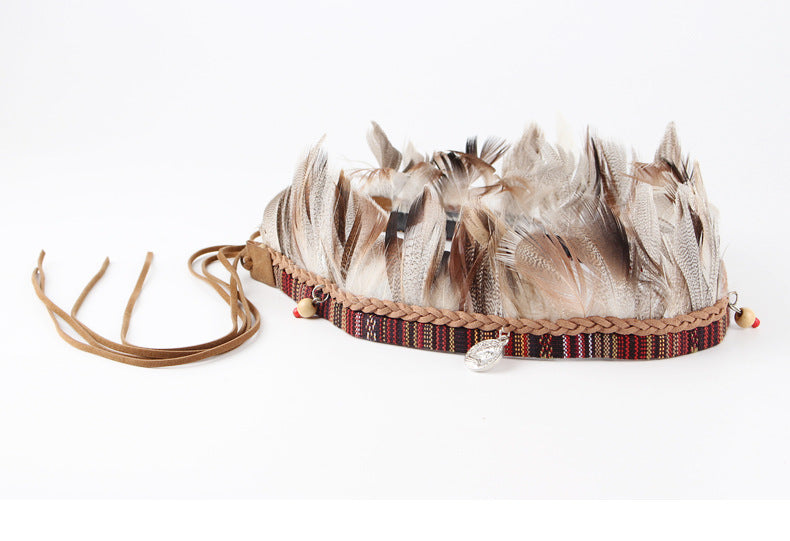 Bohemian Fabric Feather Headband with Ribbon Rope - Handmade Accessories