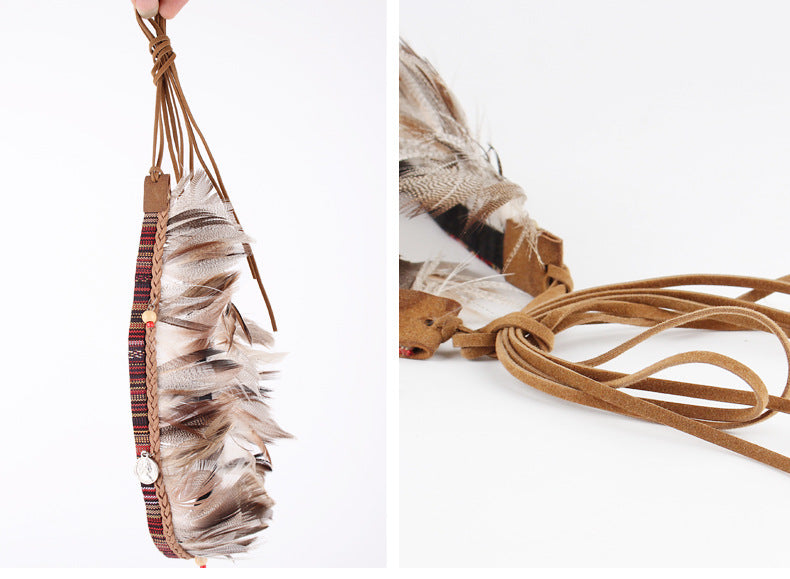 Bohemian Fabric Feather Headband with Ribbon Rope - Handmade Accessories