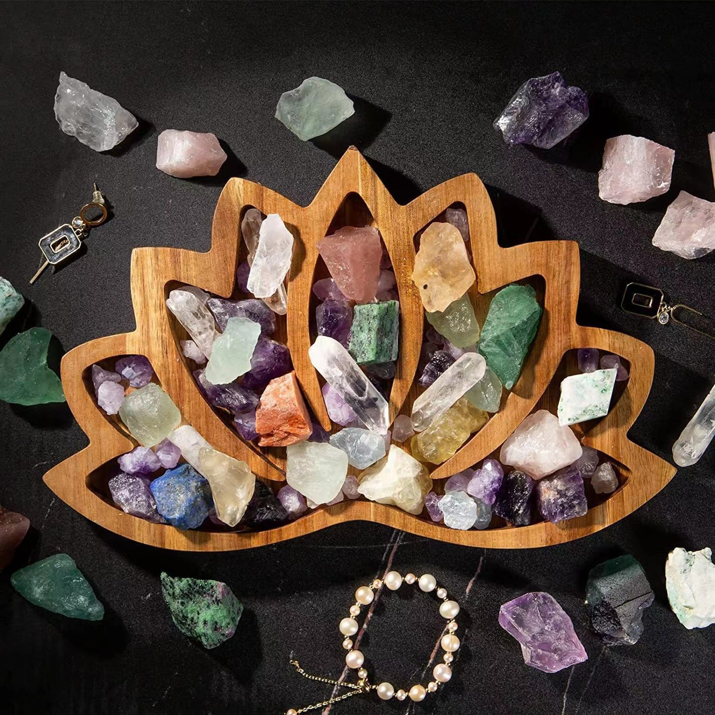 Wooden Lotus Shape Crystal Stone Tray - Chinese Style Home Decor & Storage
