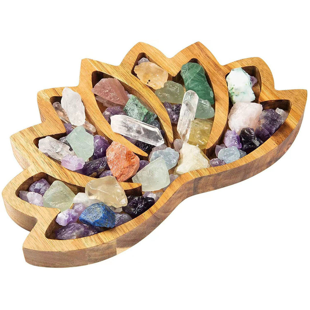 Wooden Lotus Shape Crystal Stone Tray - Chinese Style Home Decor & Storage