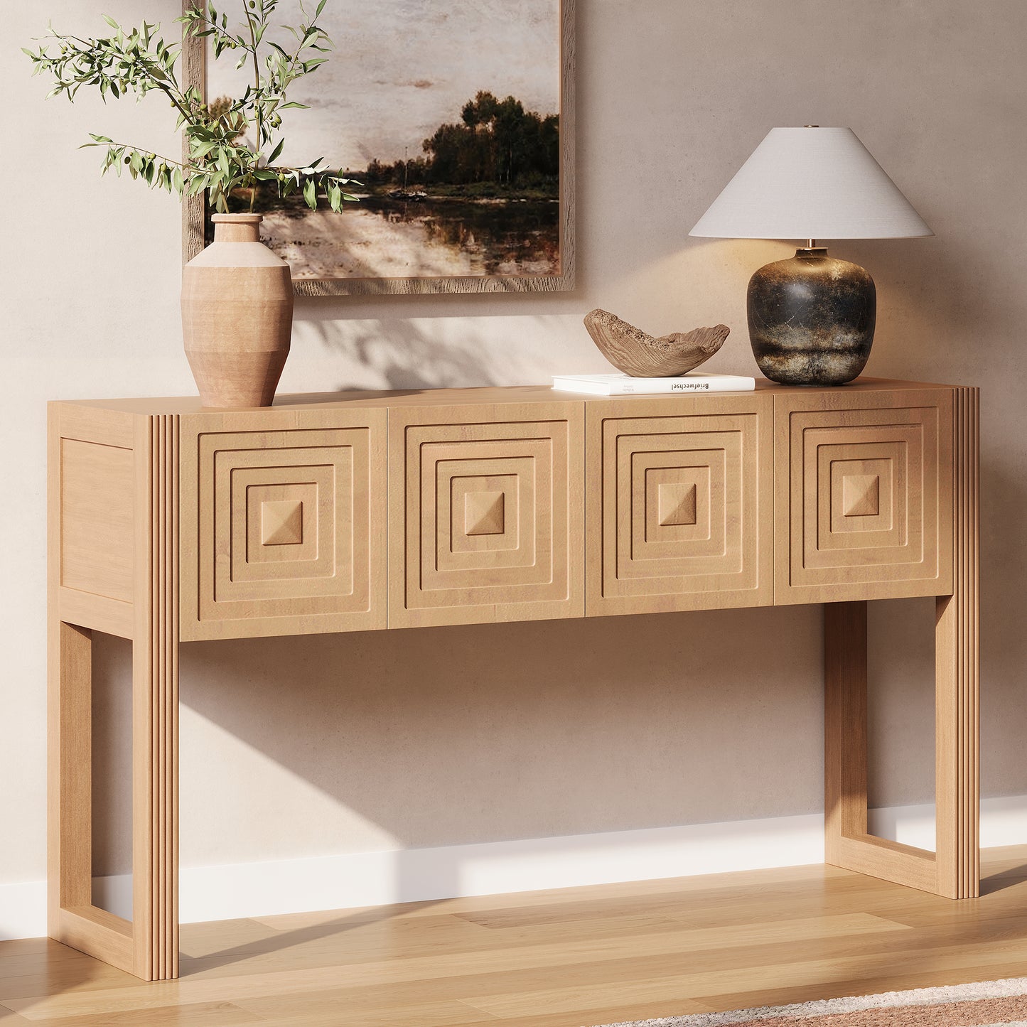 Geometric Carved Console Table with 3 Soft-Close Drawers - Light Brown
