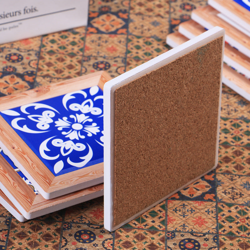 Chinese Style Ceramic Cork Cup Mat - Dinnerware, Non-Slip Coaster Set