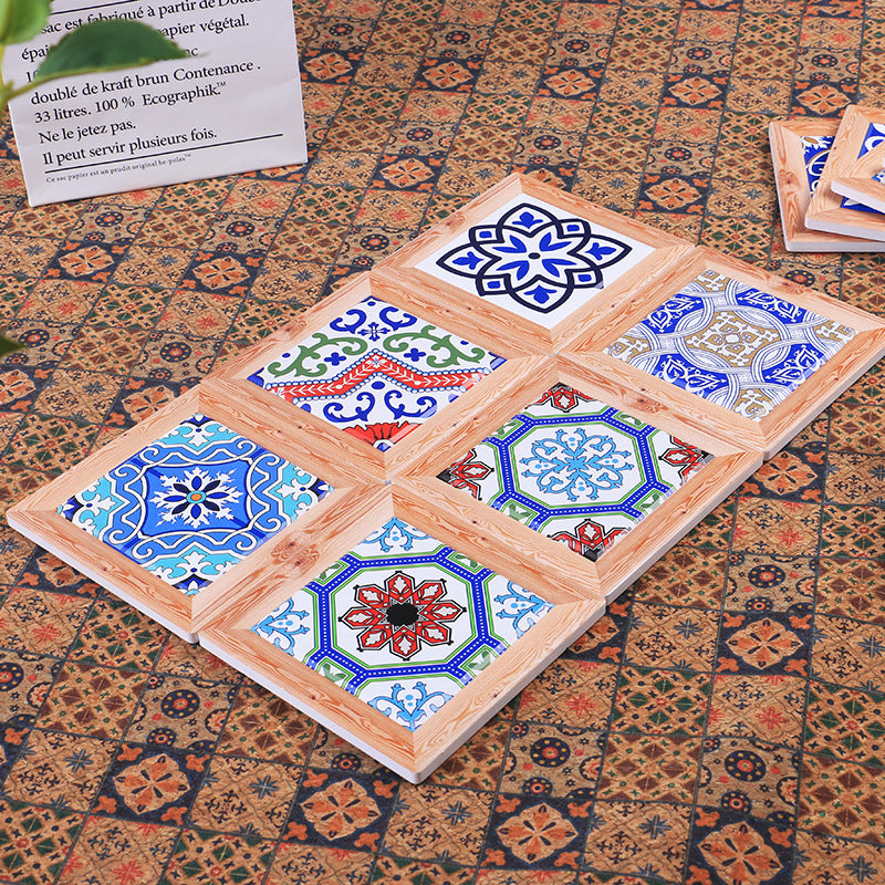Chinese Style Ceramic Cork Cup Mat - Dinnerware, Non-Slip Coaster Set