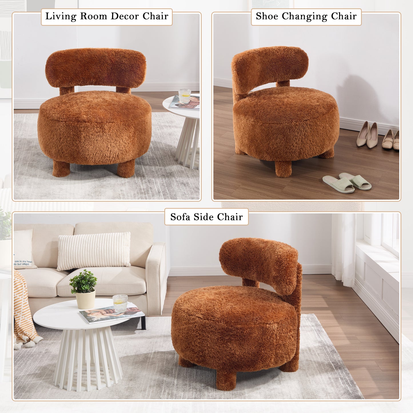 Curved Backrest Armless Accent Chair - Khaki Fur Upholstery