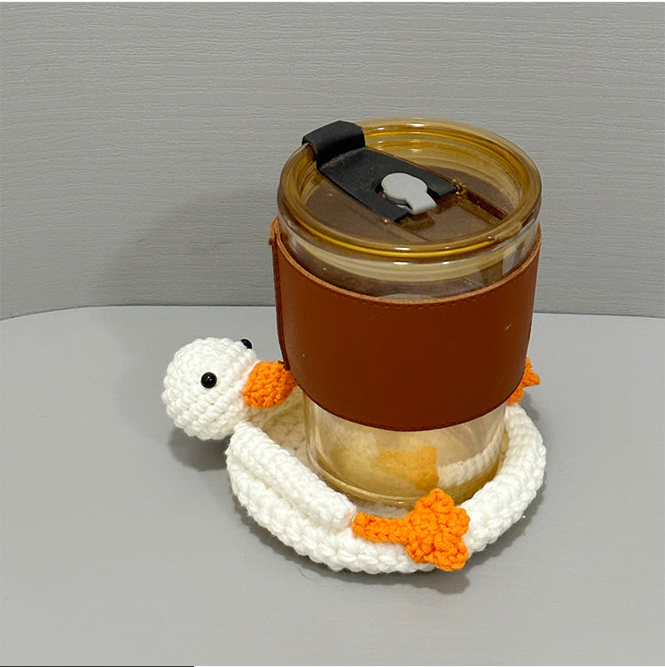 Crocheted Cartoon Duck & Panda Polyester Teacup Coaster Set - Heat Insulation