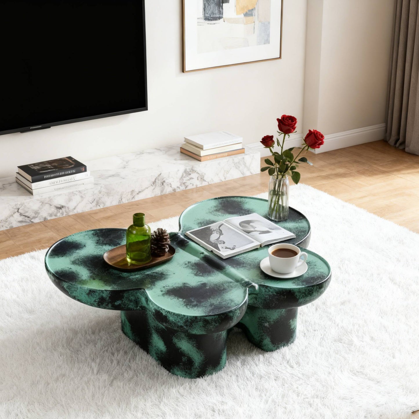 Modern Coffee Table Faux Travertine Textured For Livingroom