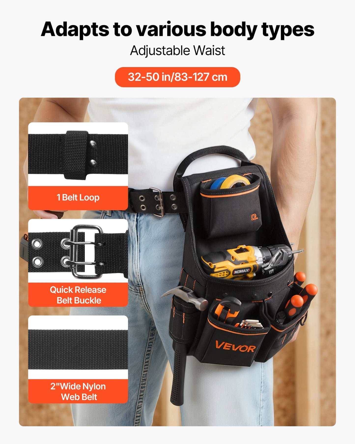 Heavy Duty Tool Belt with 14 Pockets, Adjustable Waist for Construction & Electricians