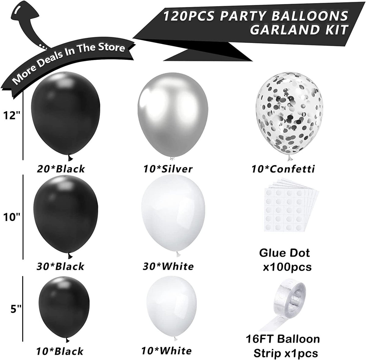 Balloon Arch Party Decoration Set - Black, Silver & White Latex Balloons