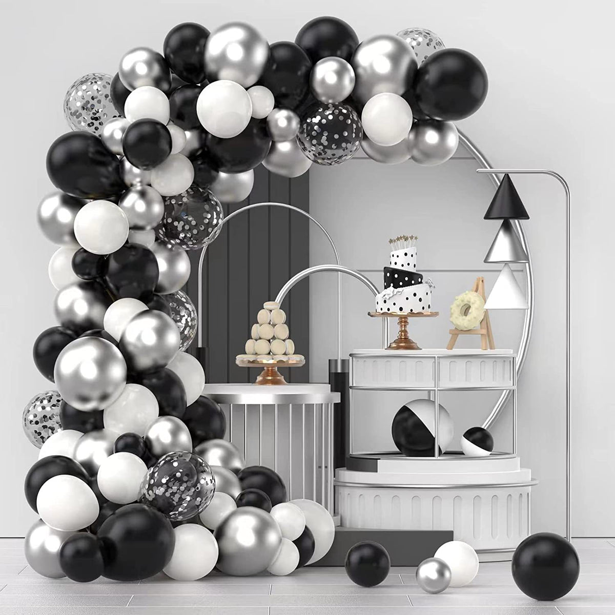 Balloon Arch Party Decoration Set - Black, Silver & White Latex Balloons