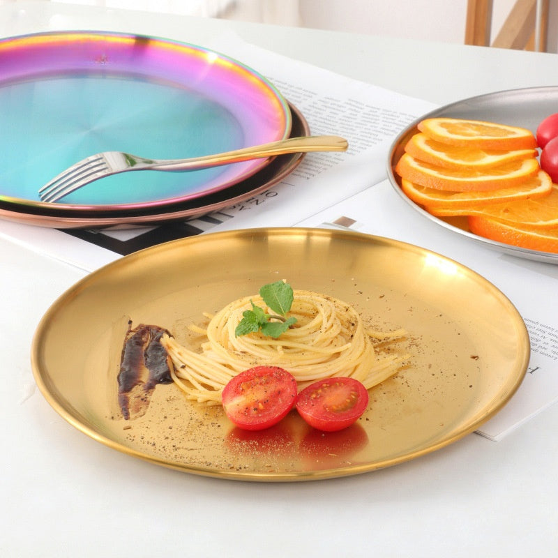 Stainless Steel Round Food Plate - Modern Kitchen Tableware in Multiple Colors