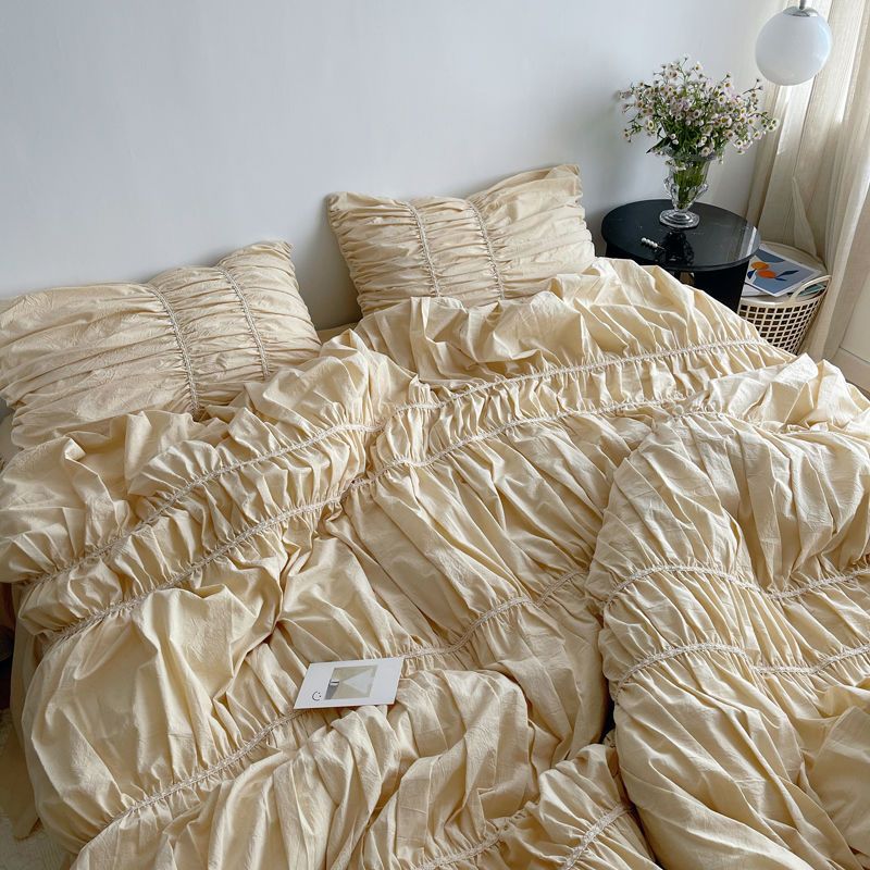 Handmade Bubble Pleated Cotton Bedding Set 4-Piece Modern Style Cream Yellow