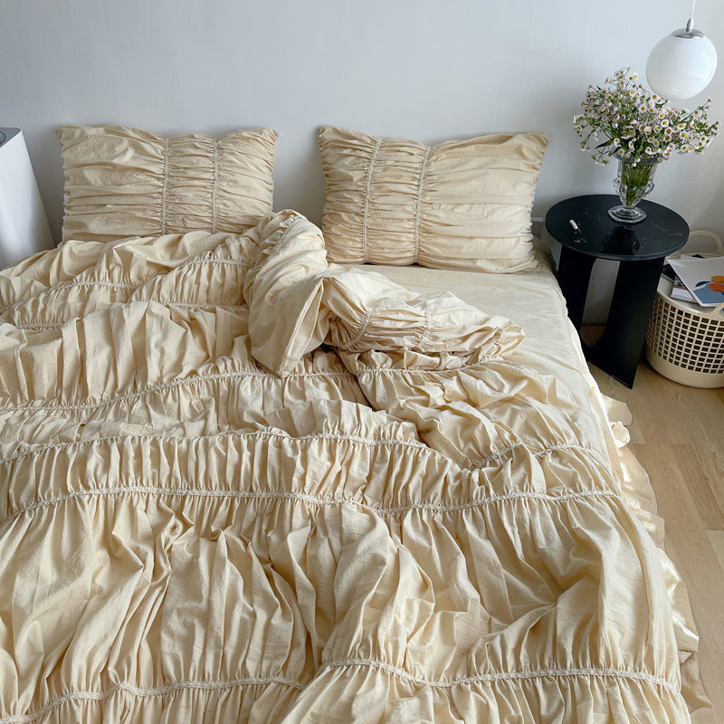 Handmade Bubble Pleated Cotton Bedding Set 4-Piece Modern Style Cream Yellow