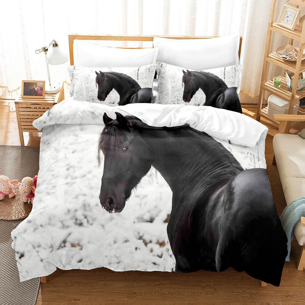 Animal Horse Pattern 3-Piece Quilt Cover Set Coral Fleece Bedding Home Textile