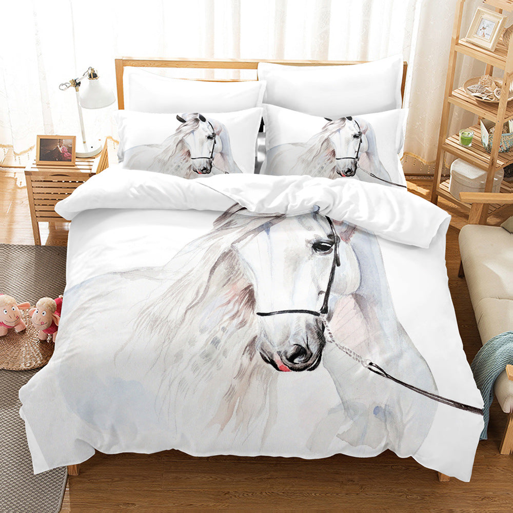 Animal Horse Pattern 3-Piece Quilt Cover Set Coral Fleece Bedding Home Textile
